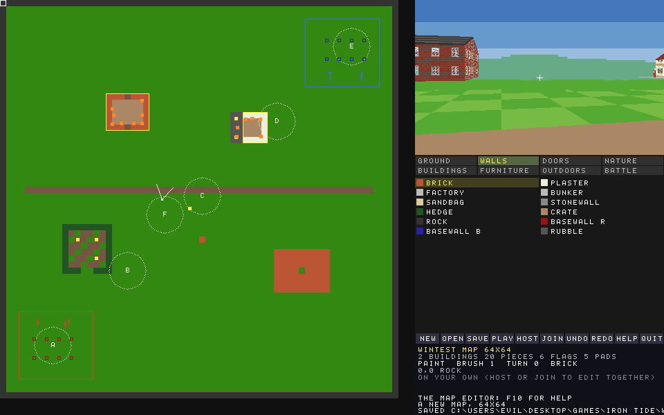 The map editor: the map from above, the 3D view, and the buildings ready to put down