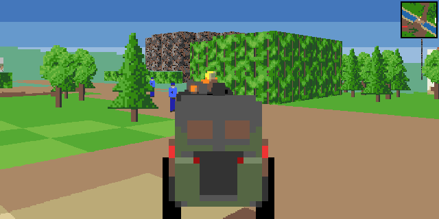 A jeep at full speed past the pines