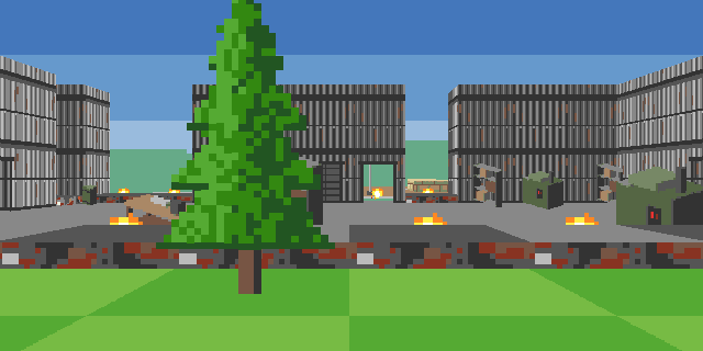 A factory hall after the rockets: rubble, and two timber props
